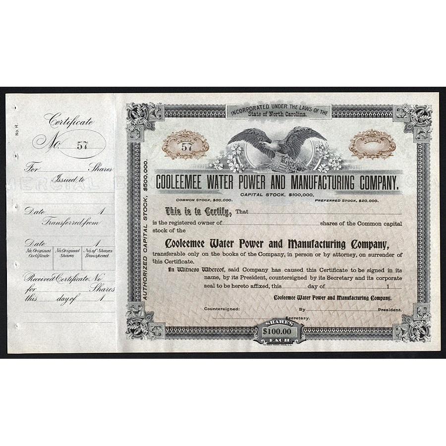 Cooleemee Water Power and Manufacturing Company Stock Certificate