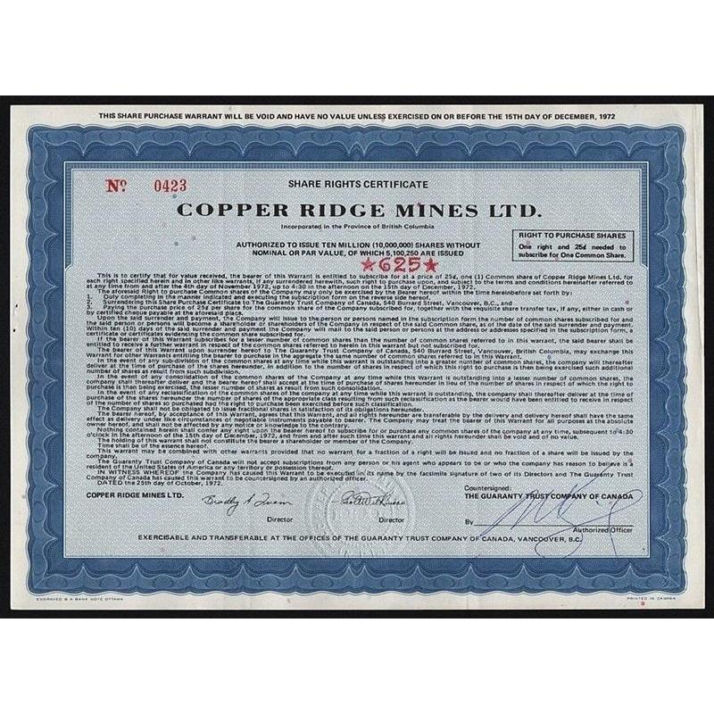 Copper Ridge Mines Ltd. Stock Certificate