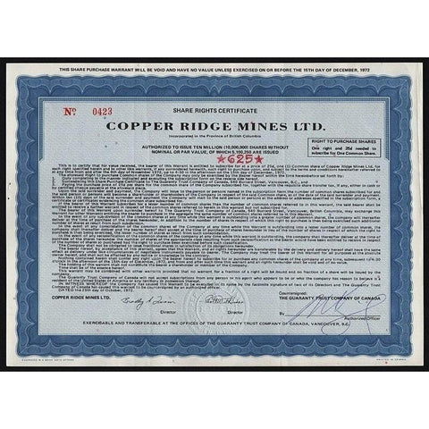 Copper Ridge Mines Ltd. Stock Certificate