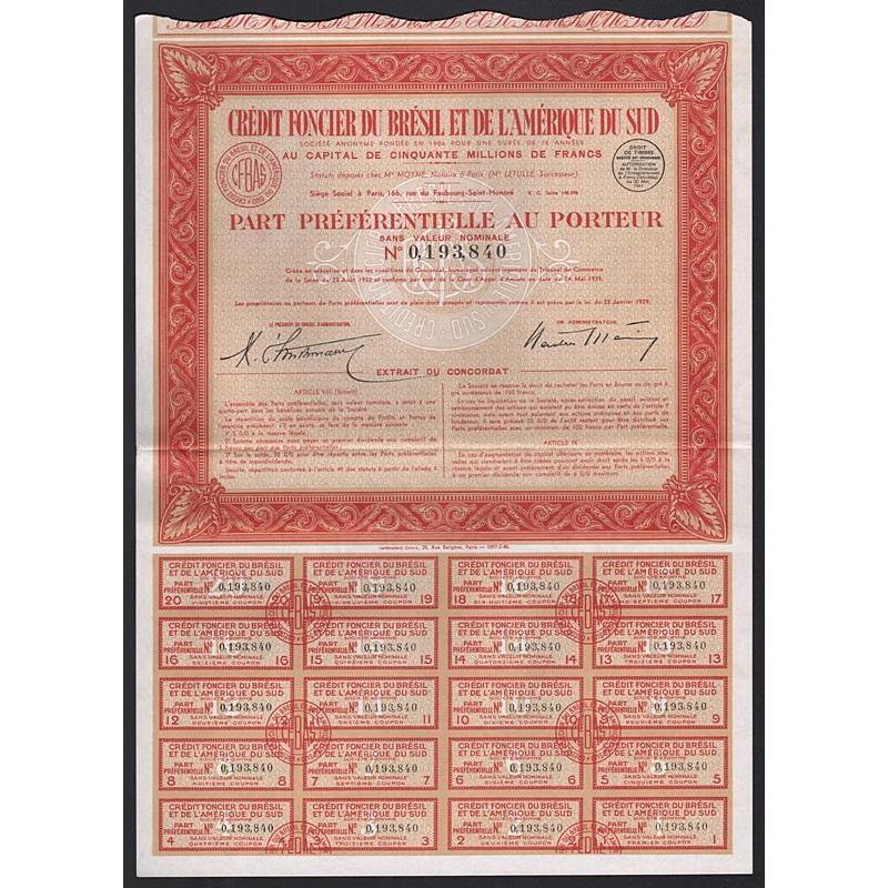 Credit Foncier du Bresil et de L'Amerique du Sud Stock Certificate
