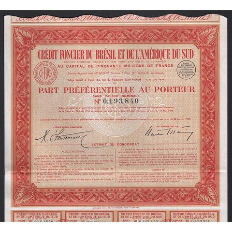 Credit Foncier du Bresil et de L'Amerique du Sud Stock Certificate