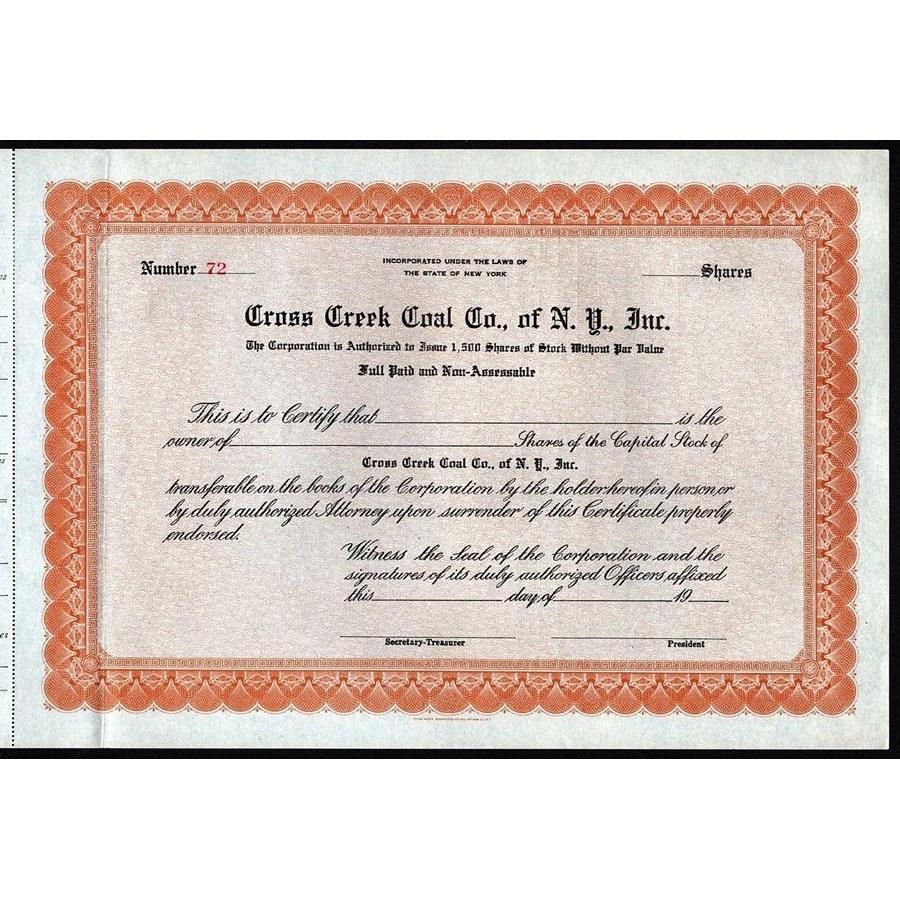 Cross Creek Coal Co., of N.Y., Inc. Stock Certificate