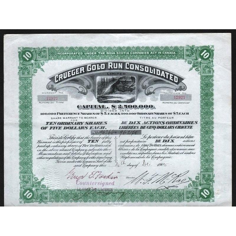 Crueger Gold Run Consolidated Limited Stock Certificate