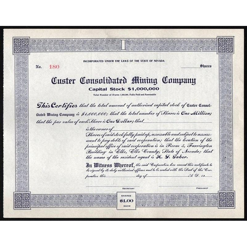 Custer Consolidated Mining Company Stock Certificate