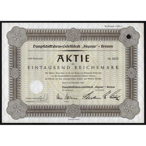 Dampfschiffahrts-Gesellschaft "Neptun", Bremen Stock Certificate