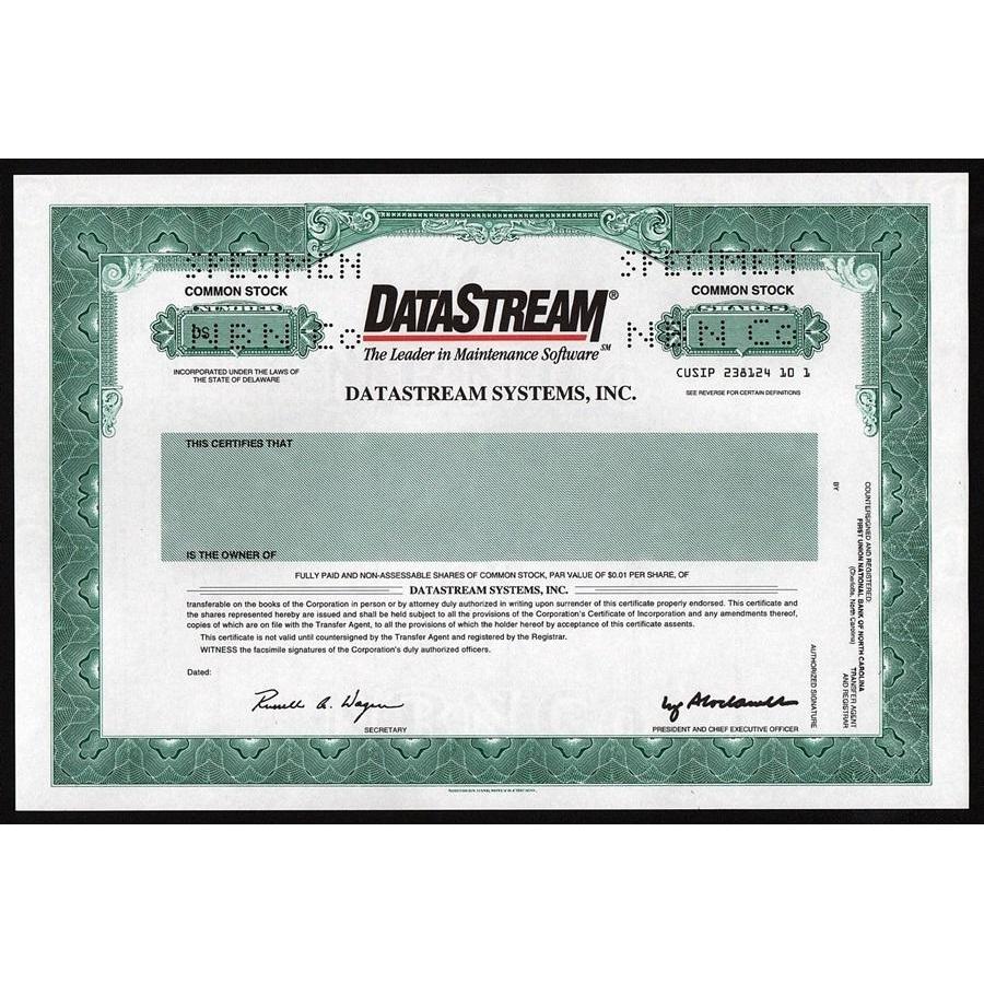 DataStream Systems, Inc. (Specimen) Stock Certificate