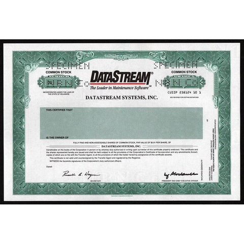 DataStream Systems, Inc. (Specimen) Stock Certificate