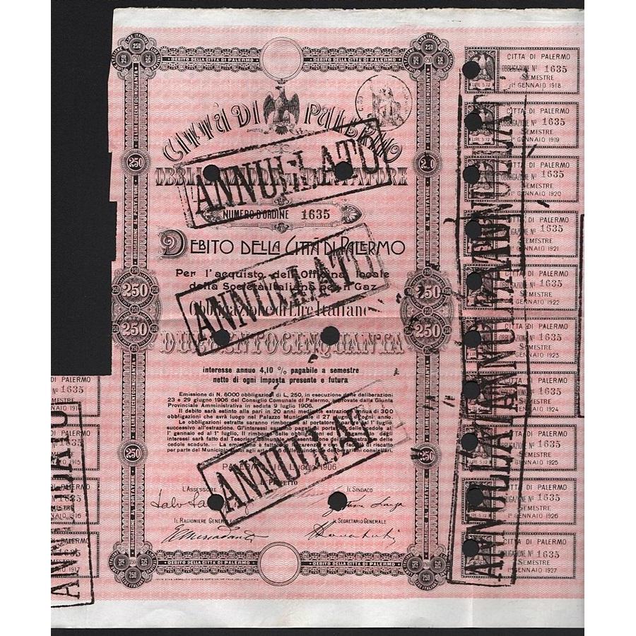 Debito della Citta di Palermo, Obbligazione al Portatore 1906 Italy Stock Certificate