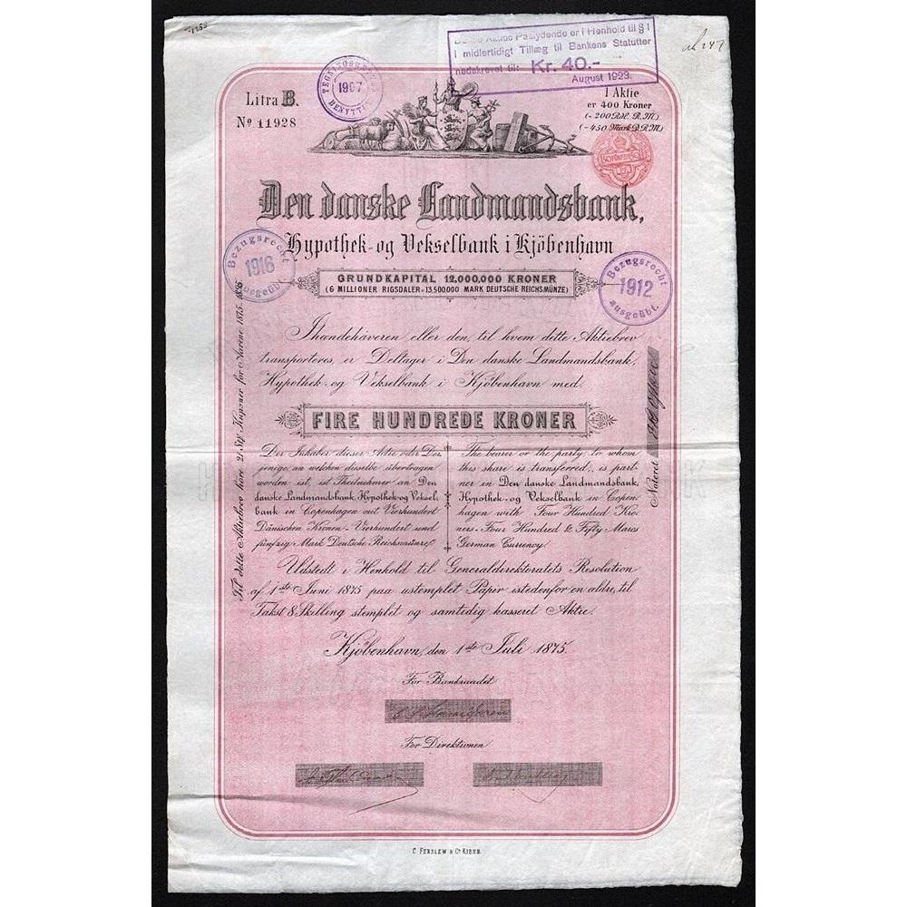 Den danske Landmandsbank: Hypothek- og Vekselbank i Kjobenhavn Stock Certificate