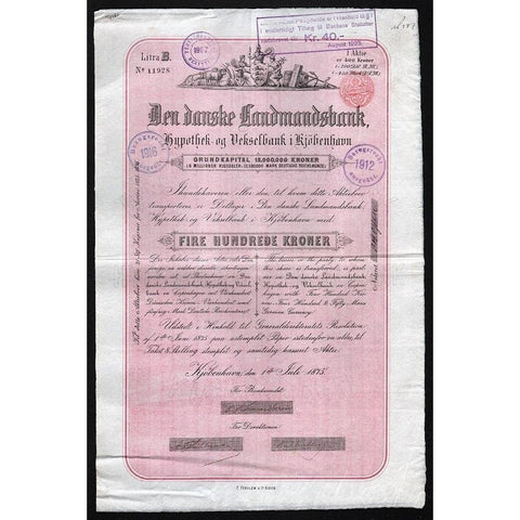 Den danske Landmandsbank: Hypothek- og Vekselbank i Kjobenhavn Stock Certificate