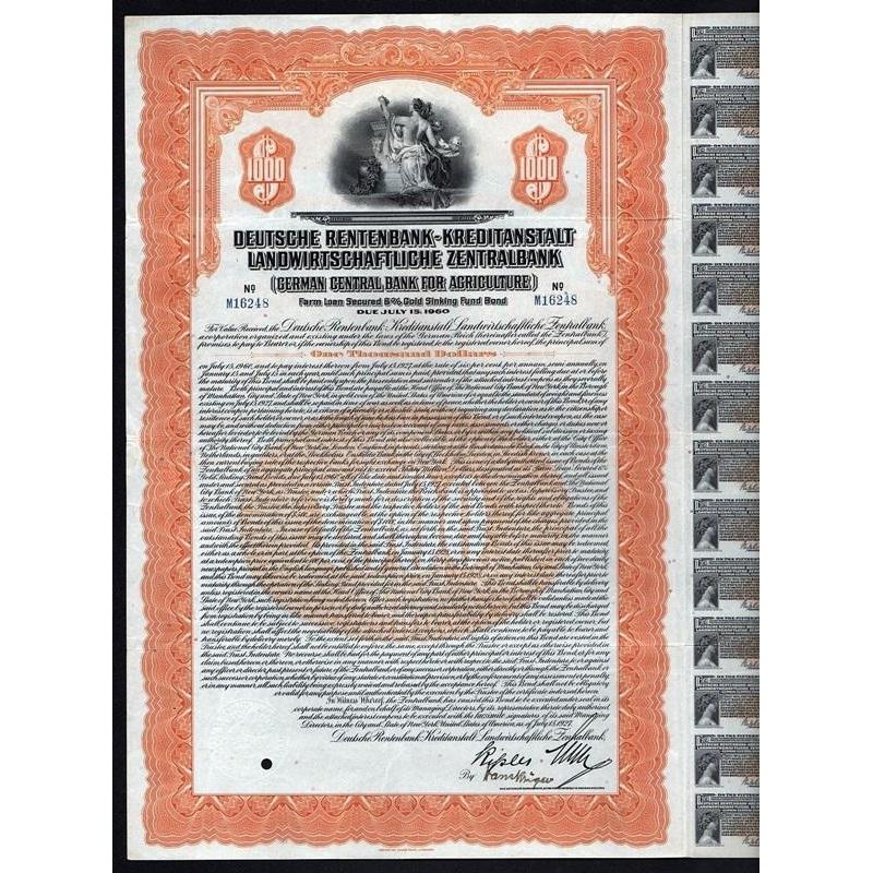 Deutsche Rentenbank- Kreditanstalt Landwirtschaftliche Zentralbank (German Central Bank for Agriculture) Stock Certificate