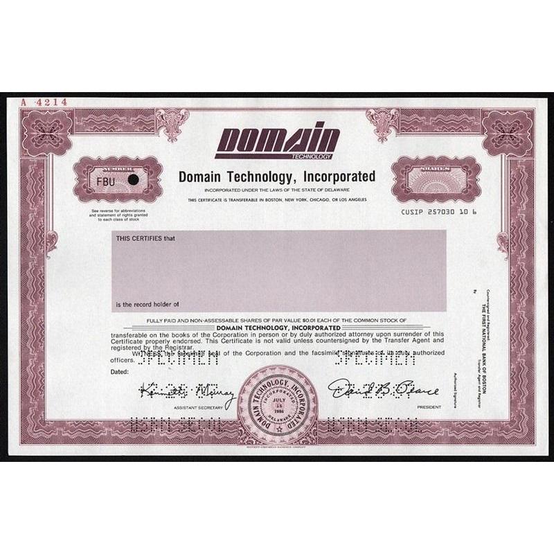 Domain Technology, Incorporated (Specimen) Stock Certificate