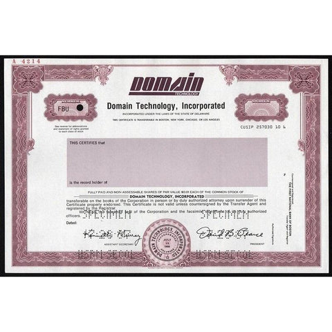 Domain Technology, Incorporated (Specimen) Stock Certificate