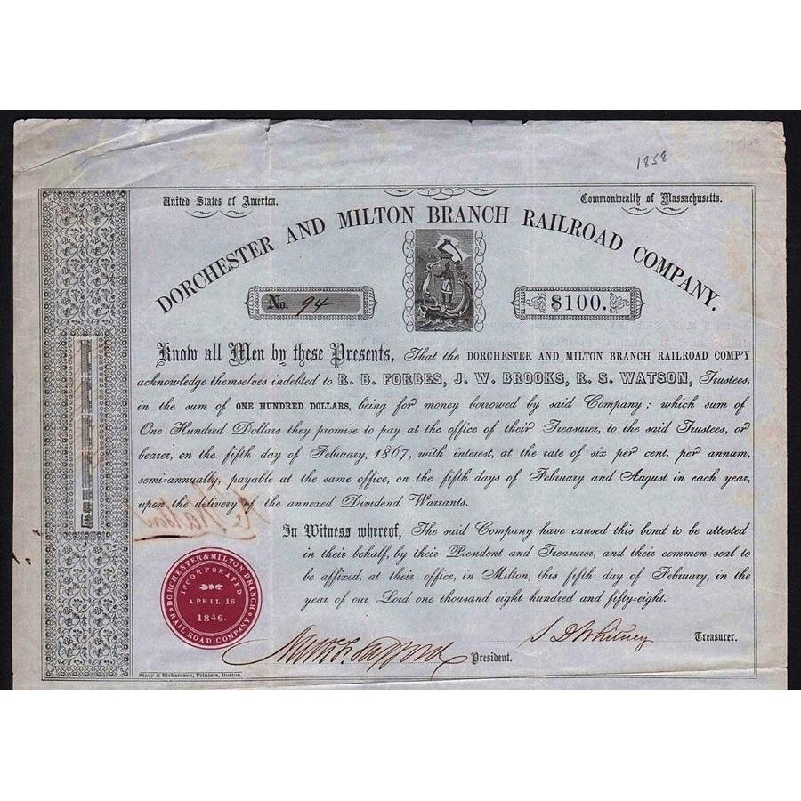 Dorchester and Milton Branch Railroad Company Stock Certificate