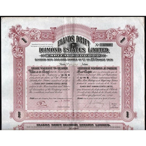 Elands Drift Diamond Estates Limited 1902 Cape of Good Hope, South Africa Stock Certificate