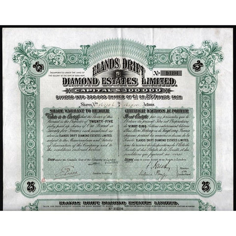 Elands Drift Diamond Estates Limited 1903 Cape of Good Hope, South Africa Stock Certificate