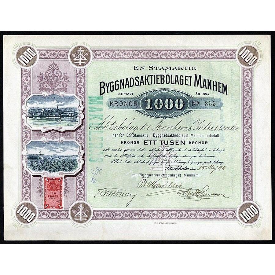 En Stammaktie Byggnadsaktiebolaget Manhem Stock Certificate