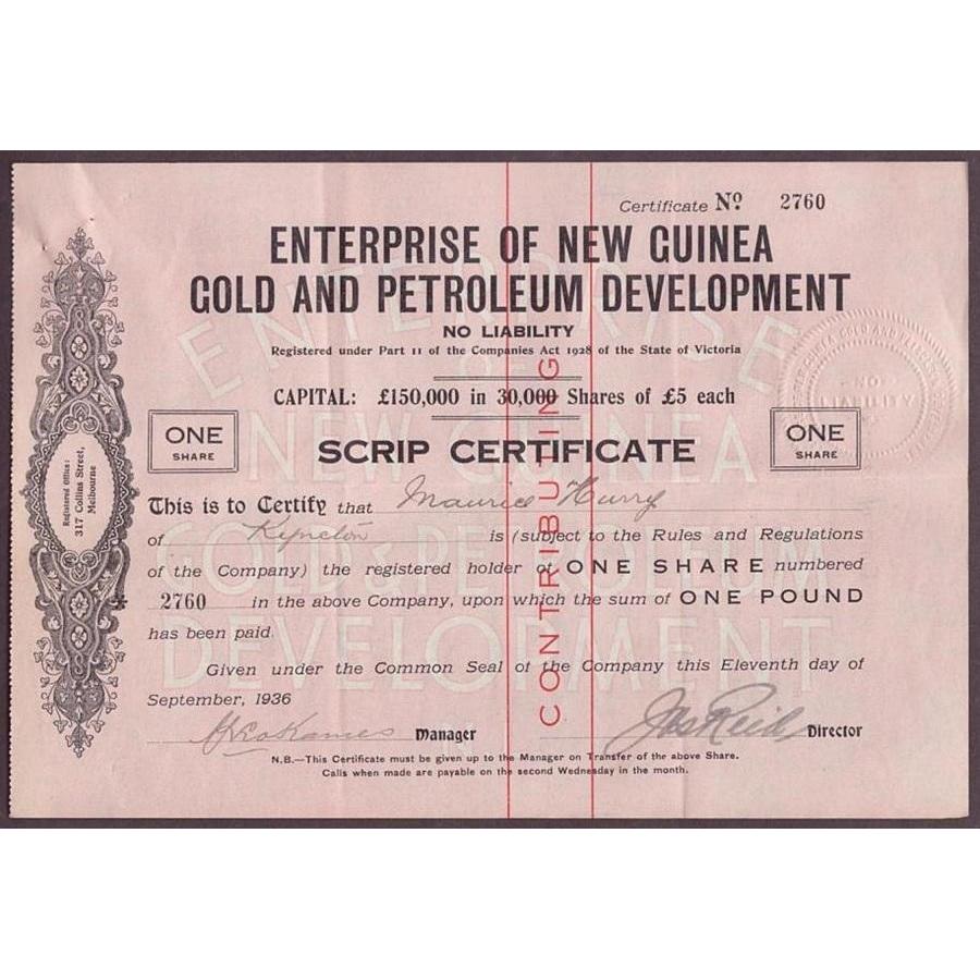 Enterprise of New Guinea Gold and Petroleum Development, No Liability Stock Certificate