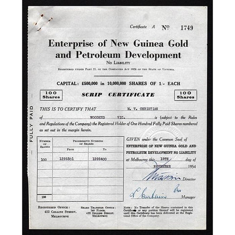 Enterprise of New Guinea Gold and Petroleum Development No Liability Stock Certificate