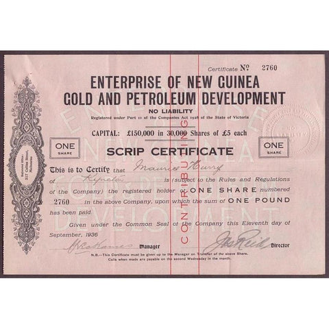 Enterprise of New Guinea Gold and Petroleum Development, No Liability Stock Certificate