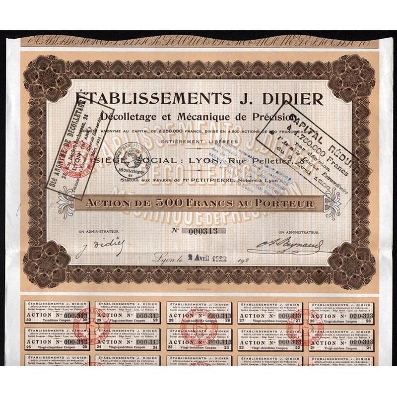 Etablissements J. Didier, Decolletage et Mechanique de Precision Societe Anonyme Stock Certificate