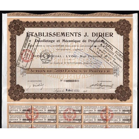 Etablissements J. Didier, Decolletage et Mechanique de Precision Societe Anonyme Stock Certificate