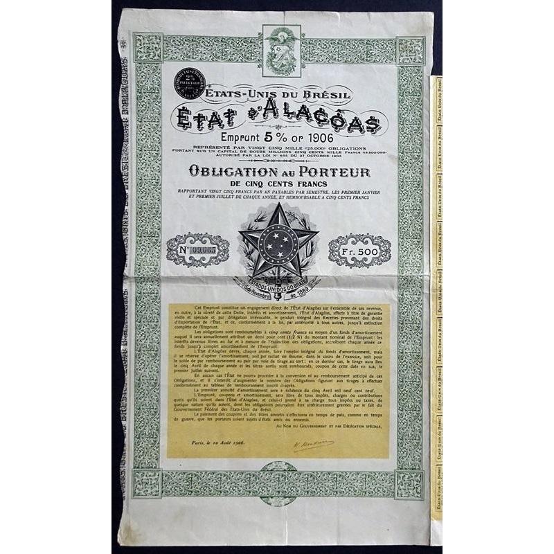 Etat d'Alacoas (Gold Bond) Stock Certificate