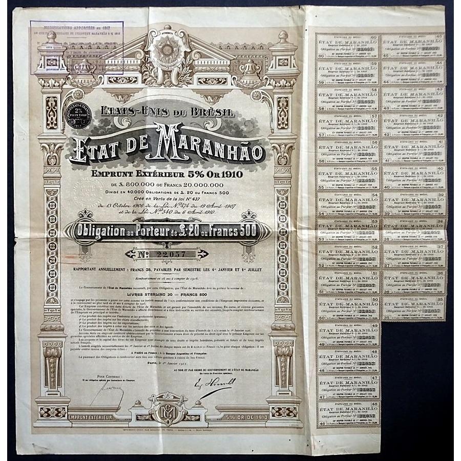 Etat de Maranhao, Etats-Unis du Bresil, Emprunt Exterieur (Gold Loan) Stock Certificate