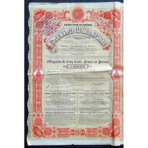 Etats Unis du Bresil: Compagnie du Chemin de Fer de Sao-Paulo & Rio-Grande Brazil Bond Certificate