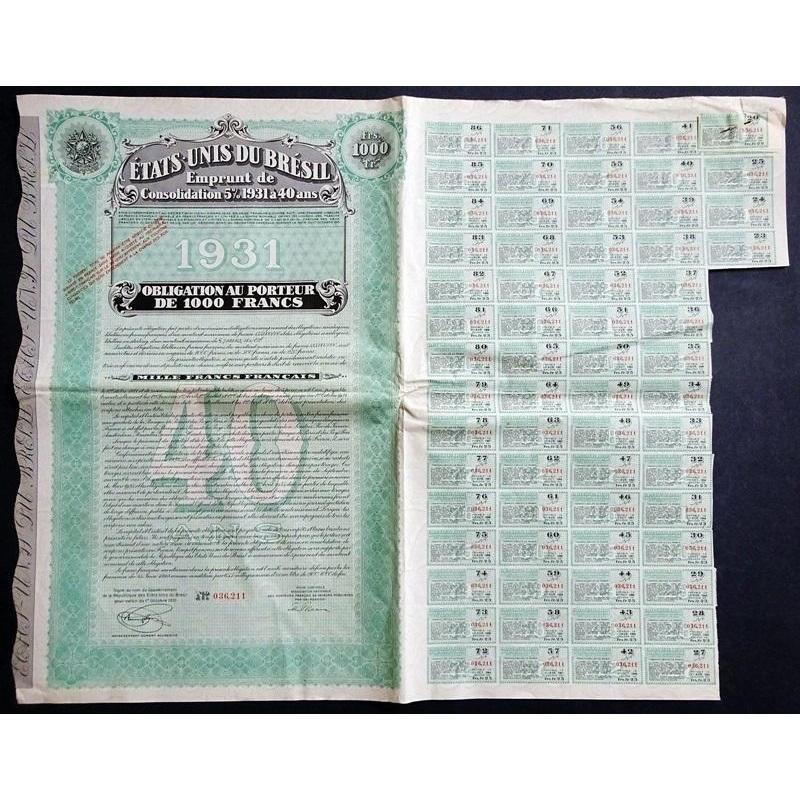 Etats-Unis du Bresil, Emprunt de Consolidation 5% 1931 a 40 ans Stock Certificate