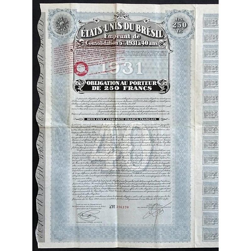 Etats-Unis du Bresil, Emprunt de Consolidation 5% 1931 a 40 ans Stock Certificate