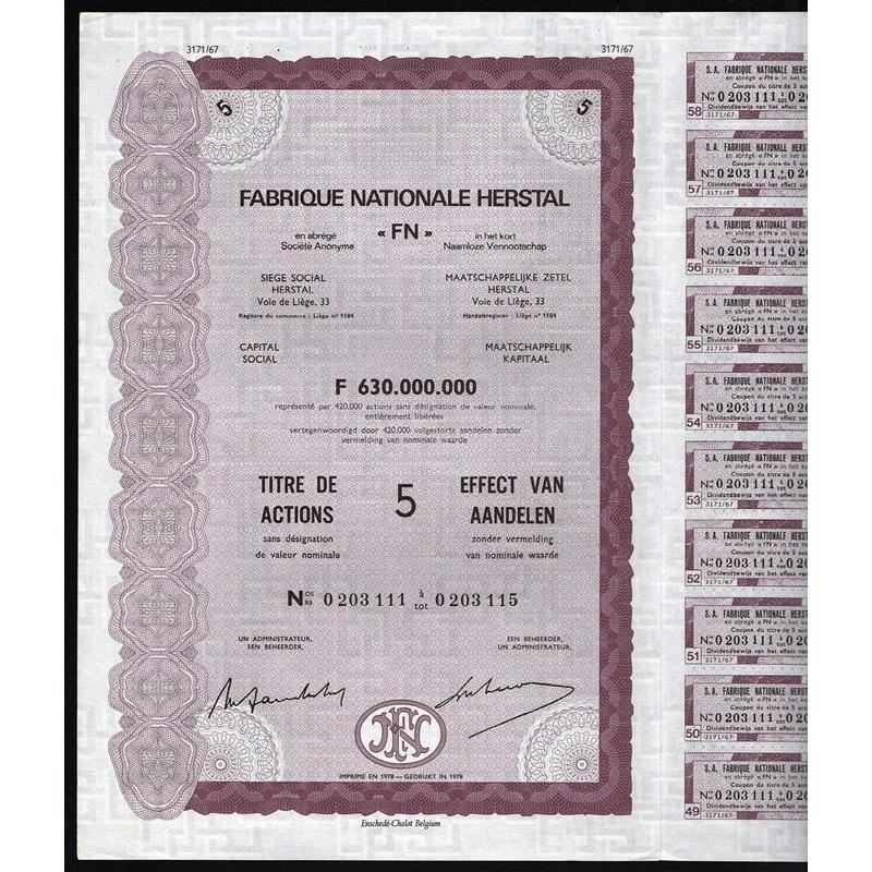 Fabrique Nationale Herstal "FN" (Firearms) Stock Certificate