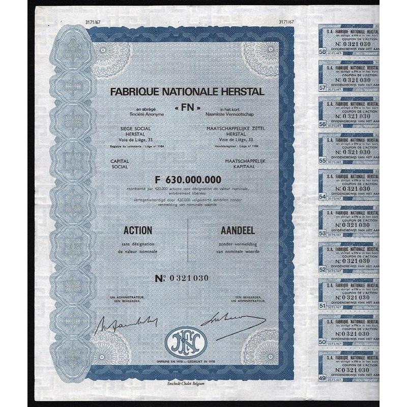 Fabrique Nationale Herstal "FN" (Firearms) Stock Certificate