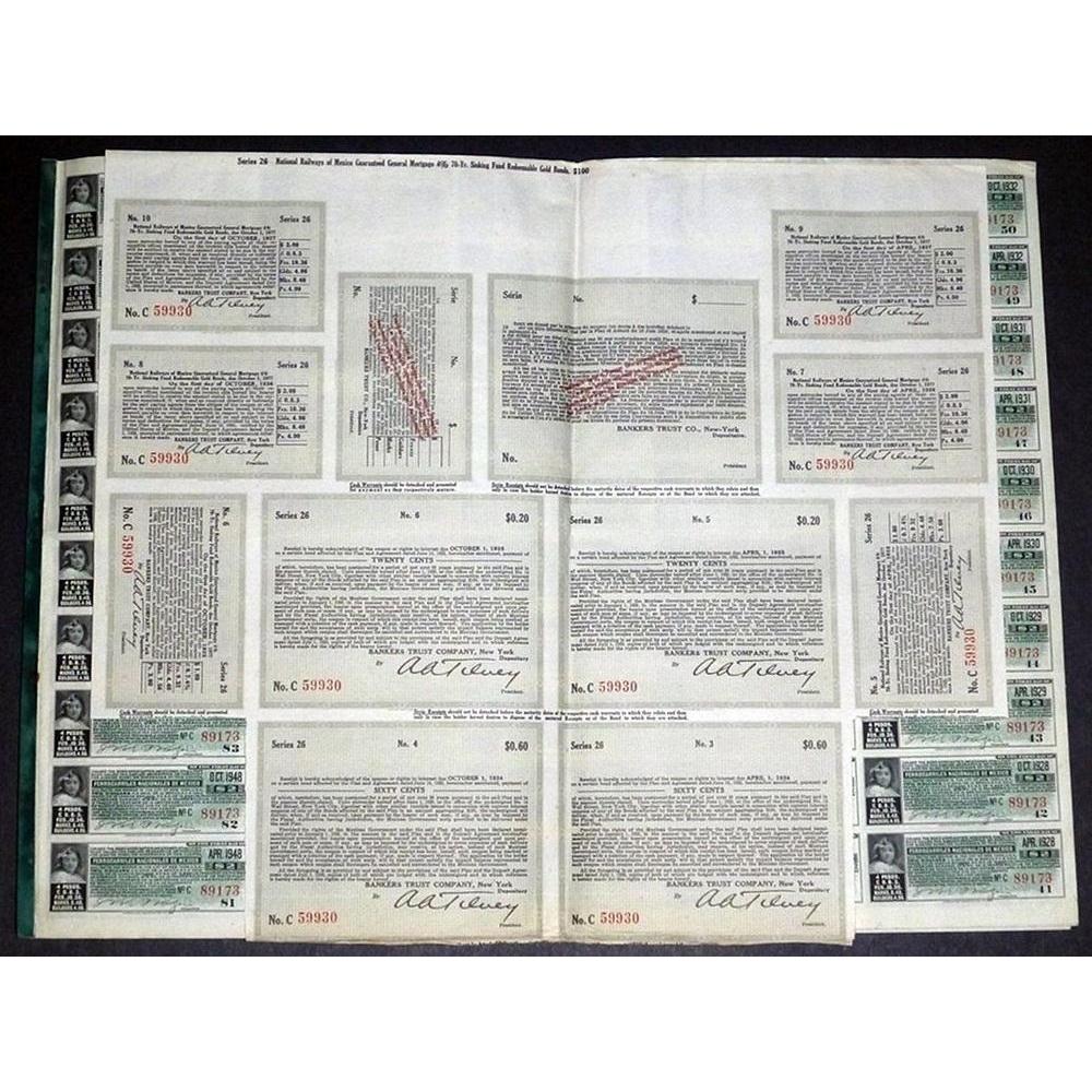 Ferrocarriles Nacionales de Mexico - National Railways of Mexico (Gold Bond) Stock Certificate