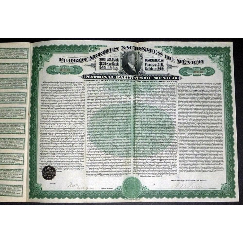 Ferrocarriles Nacionales de Mexico - National Railways of Mexico (Gold Bond) Stock Certificate