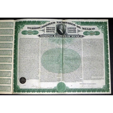 Ferrocarriles Nacionales de Mexico - National Railways of Mexico (Gold Bond) Stock Certificate
