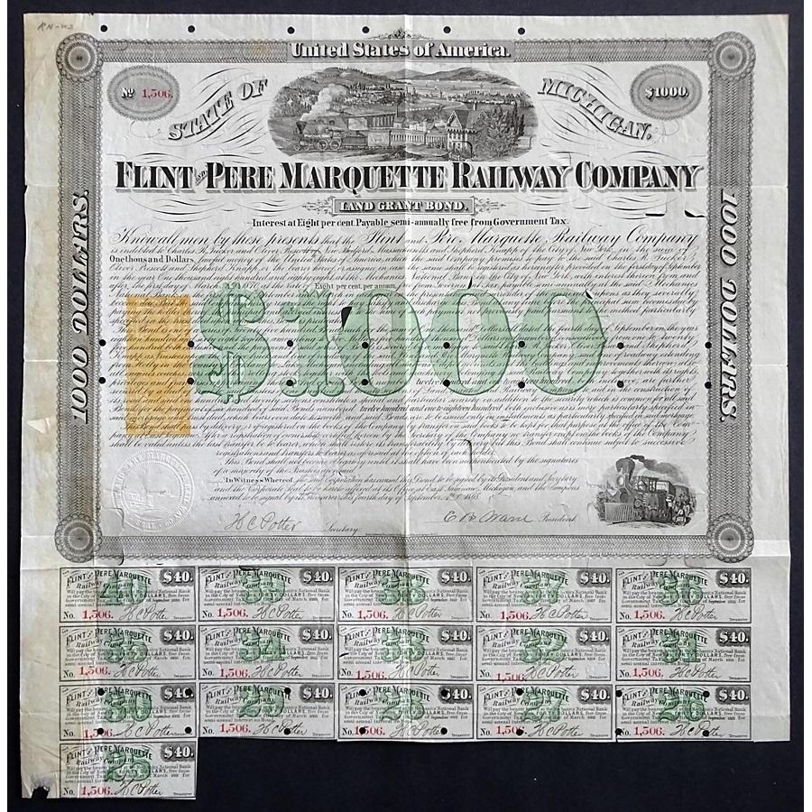 Flint and Pere Marquette Railway Company, Land Grant Bond Stock Certificate
