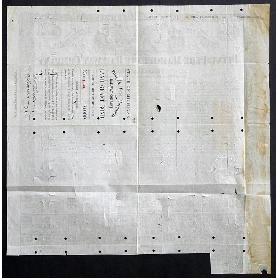 Flint and Pere Marquette Railway Company, Land Grant Bond Stock Certificate