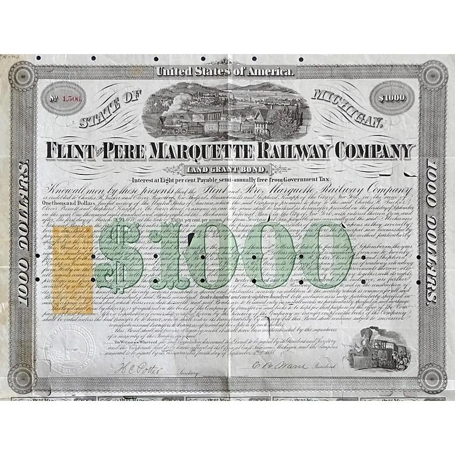 Flint and Pere Marquette Railway Company, Land Grant Bond Stock Certificate