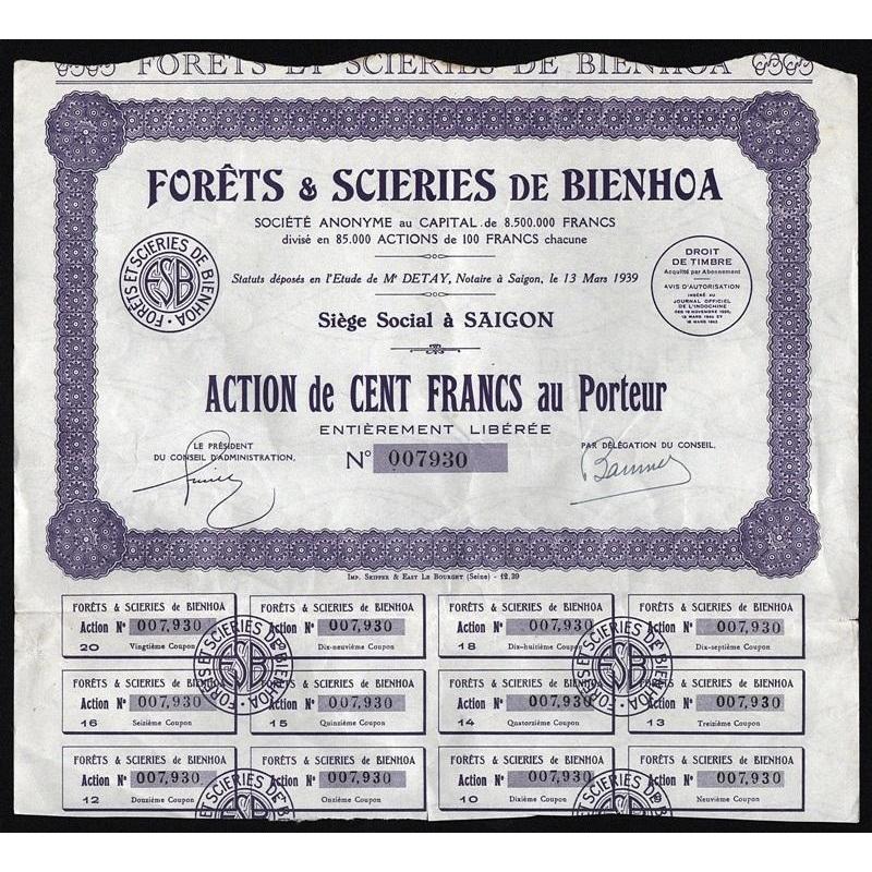 Forets & Scieries de Bienhoa Societe Anonyme (Saigon) Stock Certificate