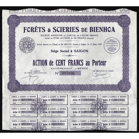 Forets & Scieries de Bienhoa Societe Anonyme (Saigon) Stock Certificate