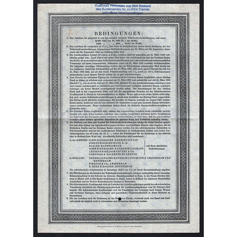 Freistaat Baden, Obligation von Zweitausen Franken Schweizer Währung Stock Certificate