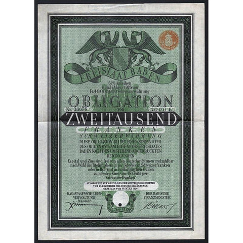 Freistaat Baden, Obligation von Zweitausen Franken Schweizer Währung Stock Certificate