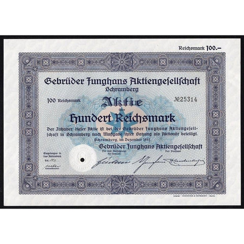 Gebrüder Junghans Aktiengesellschaft Watches Stock Certificate