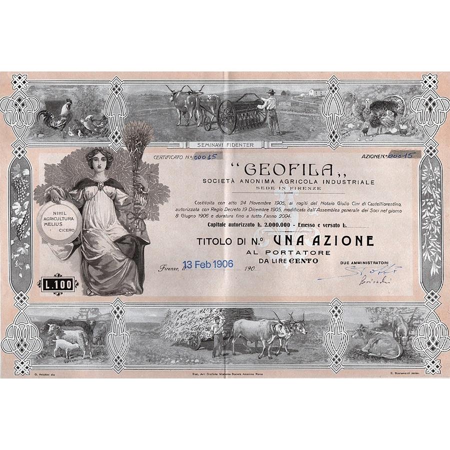 Geofila - Societa Anonima Agricola Industriale Stock Certificate