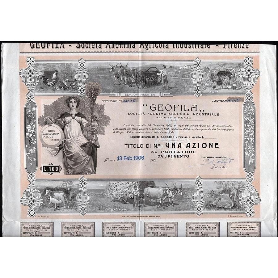 Geofila - Societa Anonima Agricola Industriale Stock Certificate