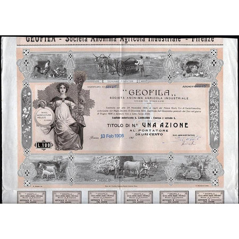 Geofila - Societa Anonima Agricola Industriale Stock Certificate