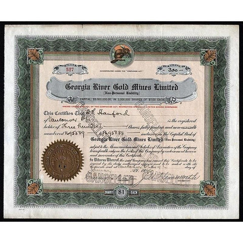 Georgia River Gold Mines Limited Stock Certificate