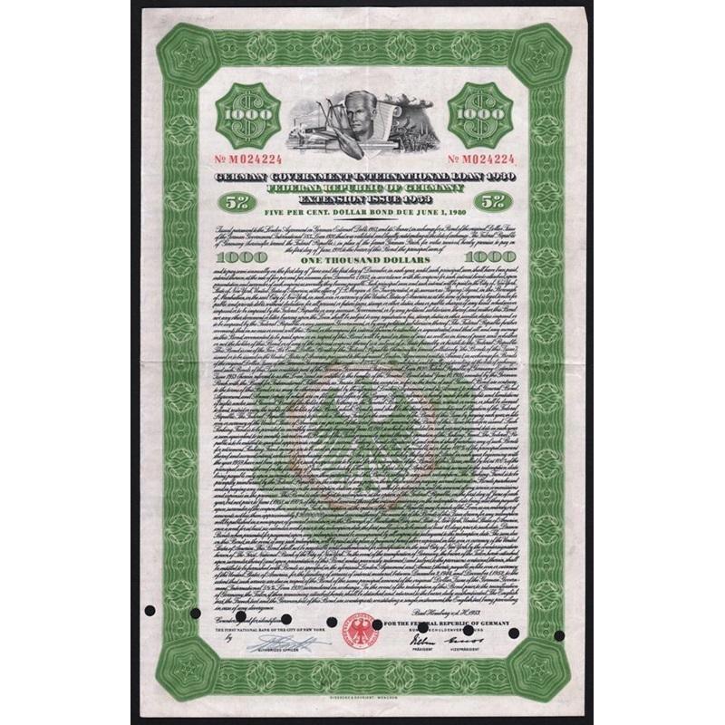 German Government International Loan 1930, Federal Republic of Germany, Extension Issue 1953 Stock Certificate