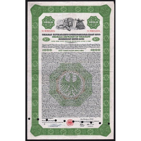 German Government International Loan 1930, Federal Republic of Germany, Extension Issue 1953 Stock Certificate